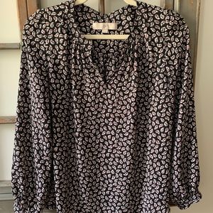 Loft Blouse. Black, white, red print.